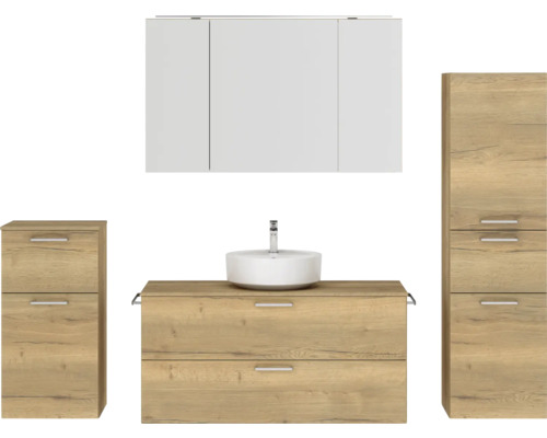 Badmöbel-Set NOBILIA Modern BxHxT 200 x 169,1 x 49 cm Frontfarbe eiche hell mit Spiegelschrank mit LED-Beleuchtung Unterschrank Midischrank Griff chrom matt 799 Modernes Badezimmerensemble mit Waschtisch, Spiegelschrank und Seitenschrank