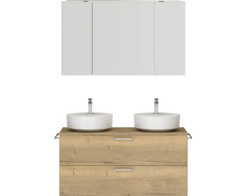 Ensemble de meubles de salle de bains double NOBILIA Modern lxhxp 120 x 169,1 x 49 cm couleur de façade chêne clair avec armoire de toilette à éclairage LED poignée chrome mat 831