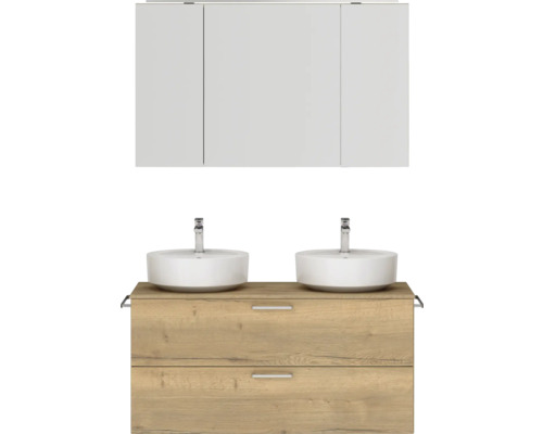 Doppel-Badmöbel-Set NOBILIA Modern BxHxT 120 x 169,1 x 49 cm Frontfarbe eiche hell mit Spiegelschrank mit LED-Beleuchtung Griff chrom matt 831 Waschtisch mit zwei Waschbecken und Spiegelschrank für das Badezimmer