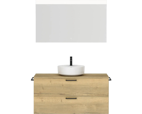 Badmöbel-Set NOBILIA Modern BxHxT 120 x 169,1 x 49 cm Frontfarbe eiche hell mit Spiegel eckig mit LED-Beleuchtung Griff schwarz 766 Waschtischkombination mit Waschbecken, Armatur und Spiegel