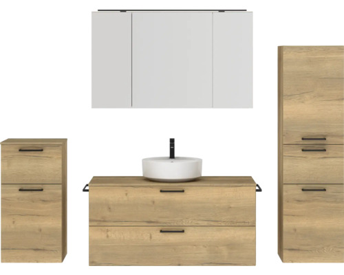 Badmöbel-Set NOBILIA Modern BxHxT 200 x 169,1 x 49 cm Frontfarbe eiche hell mit Spiegelschrank mit LED-Beleuchtung Unterschrank Midischrank Griff schwarz 798 Badezimmerensemble mit Waschtisch, Waschbecken, Spiegelschrank und Hochschrank