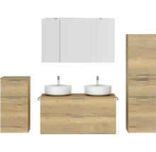 Doppel-Badmöbel-Set NOBILIA Modern BxHxT 200 x 169,1 x 49 cm Frontfarbe eiche hell mit Spiegelschrank mit LED-Beleuchtung Unterschrank Midischrank Griff chrom matt 847