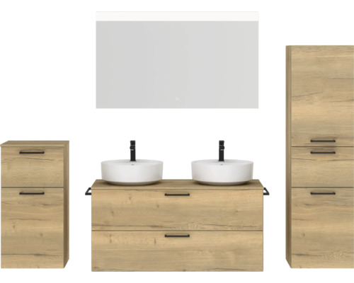 Ensemble de meubles de salle de bains double NOBILIA Modern lxhxp 200 x 169,1 x 49 cm couleur de façade chêne clair avec miroir à éclairage LED meuble bas armoire midi poignée noir 838