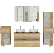 Doppel-Badmöbel-Set NOBILIA Modern BxHxT 200 x 169,1 x 49 cm Frontfarbe eiche hell mit Spiegelschrank mit LED-Beleuchtung Unterschrank Midischrank Griff chrom matt 847