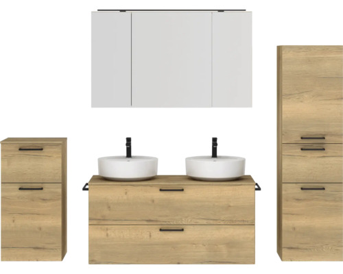 Ensemble de meubles de salle de bains double NOBILIA Modern lxhxp 200 x 169,1 x 49 cm couleur de façade chêne clair avec armoire de toilette à éclairage LED meuble bas armoire midi poignée noir 846