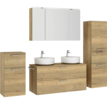 Doppel-Badmöbel-Set NOBILIA Modern BxHxT 200 x 169,1 x 49 cm Frontfarbe eiche hell mit Spiegelschrank mit LED-Beleuchtung Unterschrank Midischrank Griff chrom matt 847
