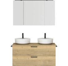 Doppel-Badmöbel-Set NOBILIA Modern BxHxT 120 x 169,1 x 49 cm Frontfarbe eiche hell mit Spiegelschrank mit LED-Beleuchtung Griff schwarz 830