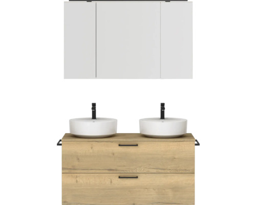 Ensemble de meubles de salle de bains double NOBILIA Modern lxhxp 120 x 169,1 x 49 cm couleur de façade chêne clair avec armoire de toilette à éclairage LED poignée noir 830