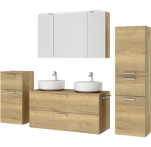 Doppel-Badmöbel-Set NOBILIA Modern BxHxT 200 x 169,1 x 49 cm Frontfarbe eiche hell mit Spiegelschrank mit LED-Beleuchtung Unterschrank Midischrank Griff chrom matt 847
