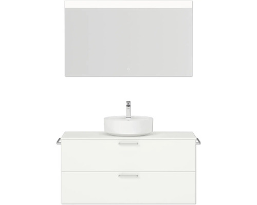 Badmöbel-Set NOBILIA Modern BxHxT 120 x 169,1 x 49 cm Frontfarbe weiß mit Spiegel eckig mit LED-Beleuchtung Griff chrom matt 761 Badezimmerset mit Waschtischunterschrank, Aufsatzwaschbecken und Spiegel