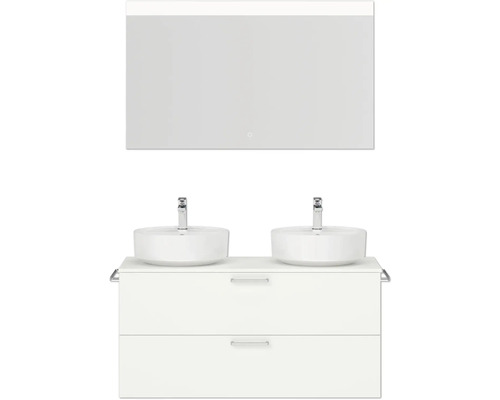 Ensemble de meubles de salle de bains double NOBILIA Modern lxhxp 120 x 169,1 x 49 cm couleur de façade blanc avec miroir rectangulaire à éclairage LED poignée chrome mat 817