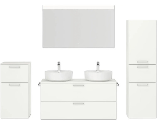 Ensemble de meubles de salle de bains double NOBILIA Modern lxhxp 200 x 169,1 x 49 cm couleur de façade blanc avec miroir à éclairage LED meuble bas armoire midi poignée chrome mat 833