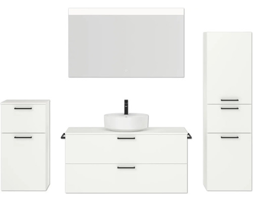 Badmöbel-Set NOBILIA Modern BxHxT 200 x 169,1 x 49 cm Frontfarbe weiß mit Spiegel mit LED-Beleuchtung Unterschrank Midischrank Griff schwarz 784