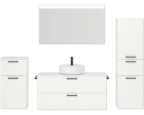 Badmöbel-Set NOBILIA Modern BxHxT 200 x 169,1 x 49 cm Frontfarbe weiß mit Spiegel mit LED-Beleuchtung Unterschrank Midischrank Griff schwarz 784 Modernes Badezimmer-Set mit Waschtischunterschrank, Aufsatzwaschbecken, Spiegelschrank und Hochschrank