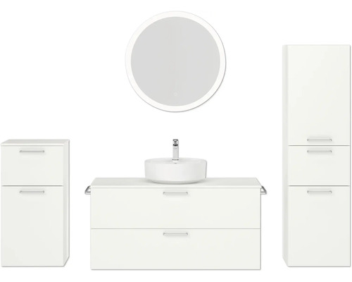 Badmöbel-Set NOBILIA Modern BxHxT 200 x 169,1 x 49 cm Frontfarbe weiß mit Spiegel rund mit LED-Beleuchtung Unterschrank Midischrank Griff chrom matt 801 Badezimmer mit Waschbecken, Unterschrank, Seitenschrank und Spiegel