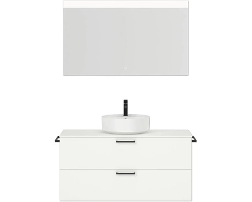 Badmöbel-Set NOBILIA Modern BxHxT 120 x 169,1 x 49 cm Frontfarbe weiß mit Spiegel eckig mit LED-Beleuchtung Griff schwarz 760 Waschtischkombination mit Aufsatzwaschbecken, Unterschrank und Spiegel für das Badezimmer