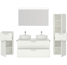 Doppel-Badmöbel-Set NOBILIA Modern BxHxT 200 x 169,1 x 49 cm Frontfarbe weiß mit Spiegel mit LED-Beleuchtung Unterschrank Midischrank Griff chrom matt 833
