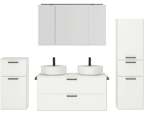 Doppel-Badmöbel-Set NOBILIA Modern BxHxT 200 x 169,1 x 49 cm Frontfarbe weiß mit Spiegelschrank mit LED-Beleuchtung Unterschrank Midischrank Griff schwarz 840 Badezimmer-Set mit Waschtisch, zwei Waschbecken, Spiegelschrank und Hochschränken