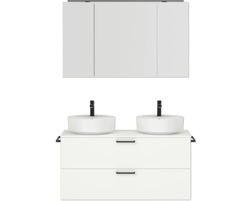 Ensemble de meubles de salle de bains double NOBILIA Modern lxhxp 120 x 169,1 x 49 cm couleur de façade blanc avec armoire de toilette à éclairage LED poignée noir 824
