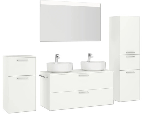 Badezimmerset mit Waschbecken, Unterschrank, Spiegelschrank und Hochschrank