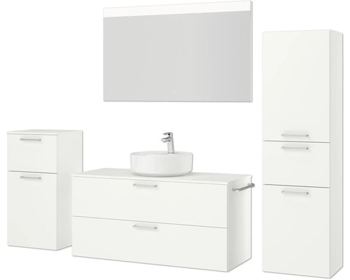 Badezimmerensemble mit Waschbecken, Waschtischunterschrank, Spiegelschrank und Hochschrank