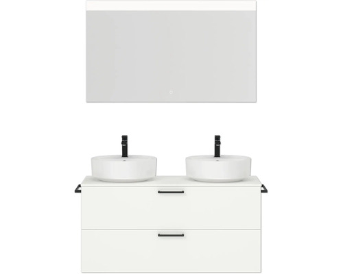 Dopple-Badmöbel-Set NOBILIA Modern BxHxT 120 x 169,1 x 49 cm Frontfarbe weiß mit Spiegel eckig mit LED-Beleuchtung Griff schwarz 816