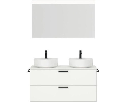 Dopple-Badmöbel-Set NOBILIA Modern BxHxT 120 x 169,1 x 49 cm Frontfarbe weiß mit Spiegel eckig mit LED-Beleuchtung Griff schwarz 816 Badezimmermöbelset mit zwei Waschbecken, Unterschrank und Spiegel