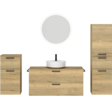 Badmöbel-Set NOBILIA Modern BxHxT 200 x 169,1 x 49 cm Frontfarbe eiche hell mit Spiegel rund mit LED-Beleuchtung Unterschrank Midischrank Griff schwarz 806