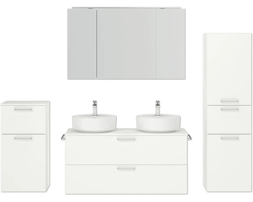 Ensemble de meubles de salle de bains double NOBILIA Modern lxhxp 200 x 169,1 x 49 cm couleur de façade blanc avec armoire de toilette à éclairage LED meuble bas armoire midi poignée chrome mat 841