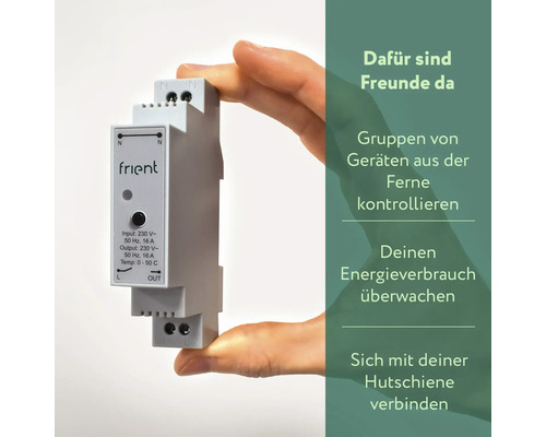Eine Person hält einen grauen Frientschalter in der Hand. Der Schalter ist für die Montage auf einer Hutschiene vorgesehen und hat einen Eingang von 230 Volt und 16 Ampere.