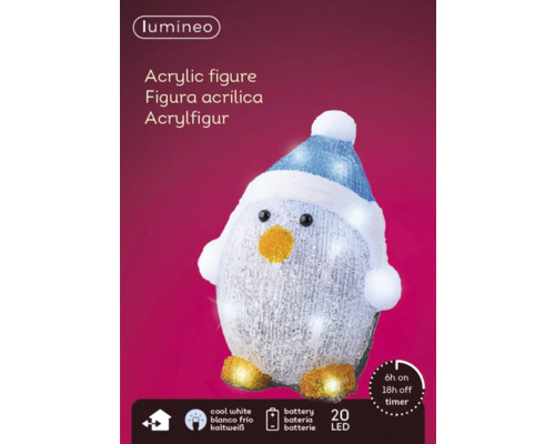 Figurine en acrylique pingouin avec bonnet et éclairage LED