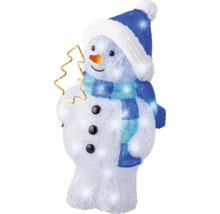 Dekorativer Schneemann mit Hut und Schal hält einen Weihnachtsbaum