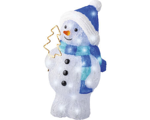 Leuchtender Schneemann mit Hut und Schal, hält einen Stern