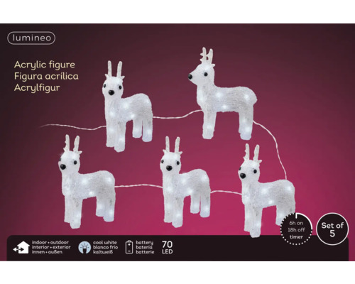 Cinq figurines en acrylique en forme de renne avec éclairage LED pour l''intérieur et l''extérieur, alimentées par piles avec fonction de minuterie