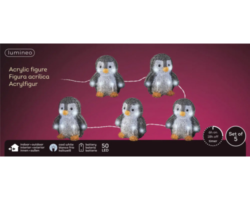 Cinq figurines de pingouins en acrylique avec éclairage LED pour l''intérieur et l''extérieur