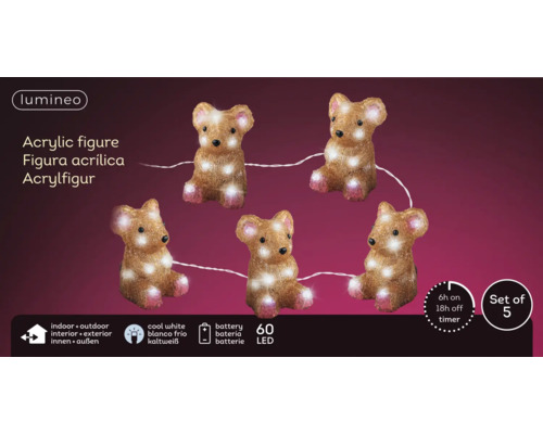 Fünf Acrylfiguren in Bärenform mit LED-Beleuchtung für den Innen- und Außenbereich, batteriebetrieben