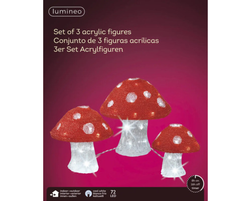 Lot de 3 figurines en acrylique champignons avec éclairage LED pour l''intérieur et l''extérieur