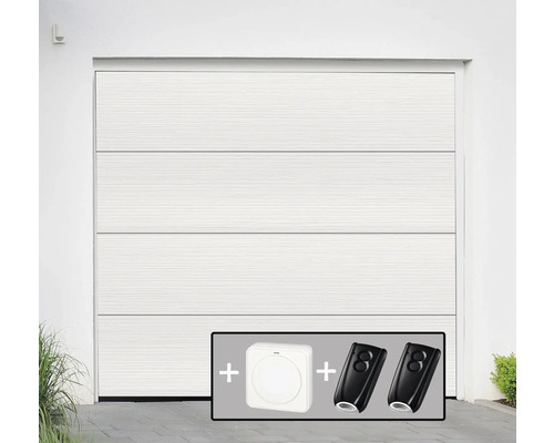 Portail de garage sectionnel ARON Basic 40 mm nervure en L Slategrain RAL 9010 blanc pur 2500x2125 mm avec motorisation de porte de garage, 2 x émetteurs portatifs, bouton-poussoir intérieur IT1-1b