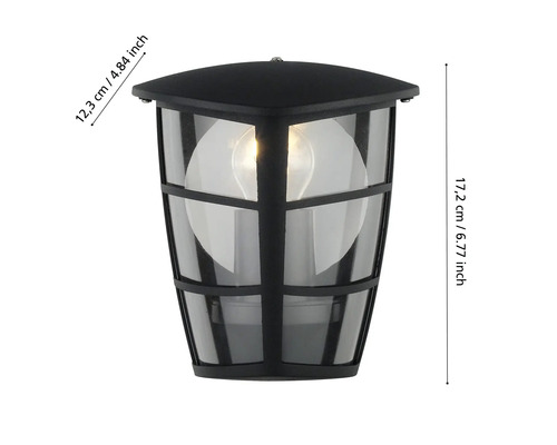 Applique murale extérieure noire avec insert en verre et indication de taille