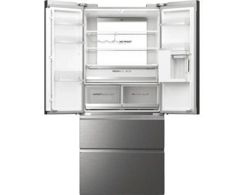 Réfrigérateur multi-portes ouvert avec étagères et tiroirs