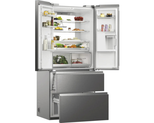 Réfrigérateur multi-portes ouvert avec étagères et tiroirs pour le stockage des aliments