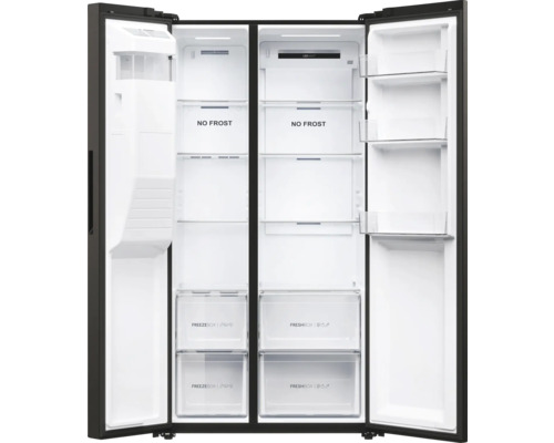 Réfrigérateur combiné américain ouvert avec intérieur et compartiments