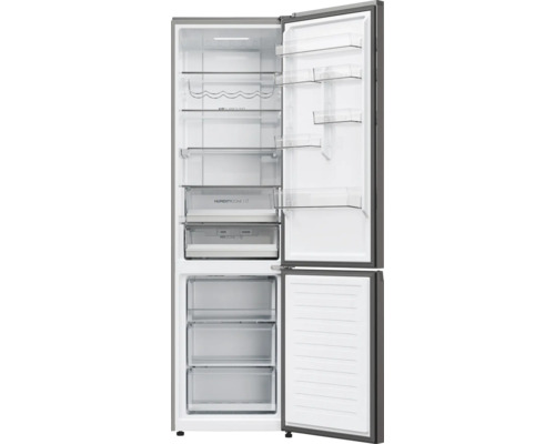 Geöffneter Kühl- und Gefrierschrank mit Fächern und Schubladen