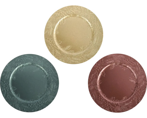 Assiette décorative en plastique Ø 33 cm vert rouge or sélection de couleurs aléatoire Trois assiettes de présentation rondes avec décor