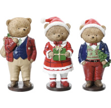Trois figurines de Noël en forme d''ours avec des cadeaux et un bonnet de Père Noël