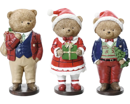 Décoration de Noël ours polyrésine 14,5 x 7 x 6,5 cm rouge beige vert choix de motif aléatoire Trois figurines de Noël en forme d''ours avec des cadeaux et un bonnet de Père Noël
