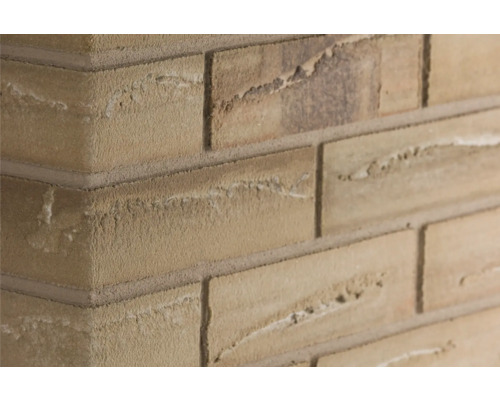 Angle pour pierre de parement Elabrick Corsica 24 x 7,1 cm Gros plan d''un mur de briques.