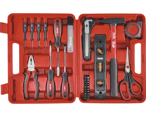 Boîte à outils avec divers outils tels que tournevis, marteau, pince, cutter et niveau à bulle