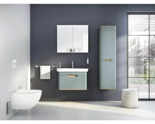 Modernes Badezimmer mit Waschtisch, Spiegelschrank, Hochschrank und wandhängendem WC.