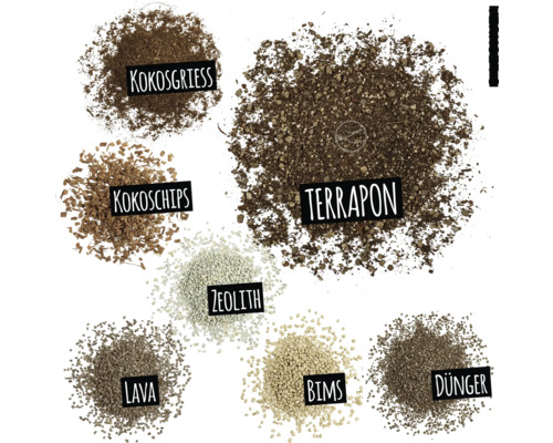 Darstellung verschiedener Substrate: Kokosfaser, Kokoschips, Terrapon, Zeolith, Lava, Bims und Dünger.